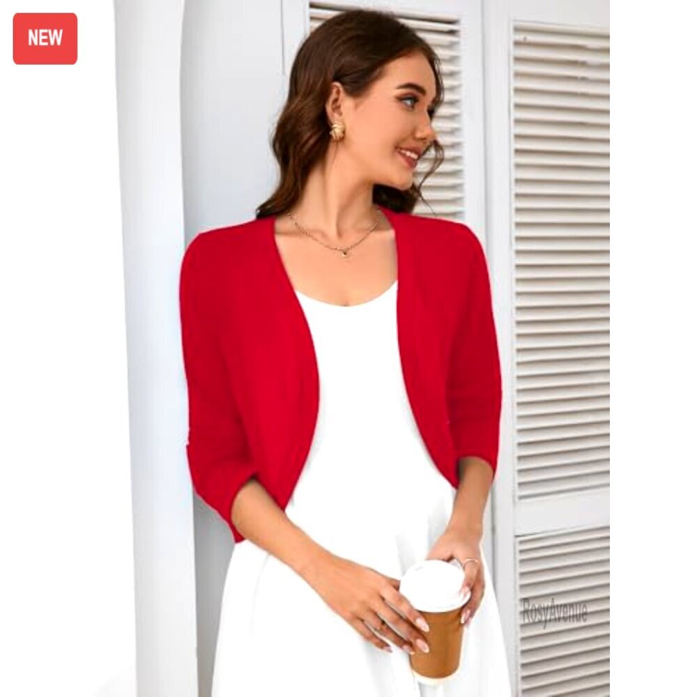 Long Sleeve Thin Knitted Cropped Cardigan Open Front Lightweight Shrug Sweater - Picture 3 of 5
